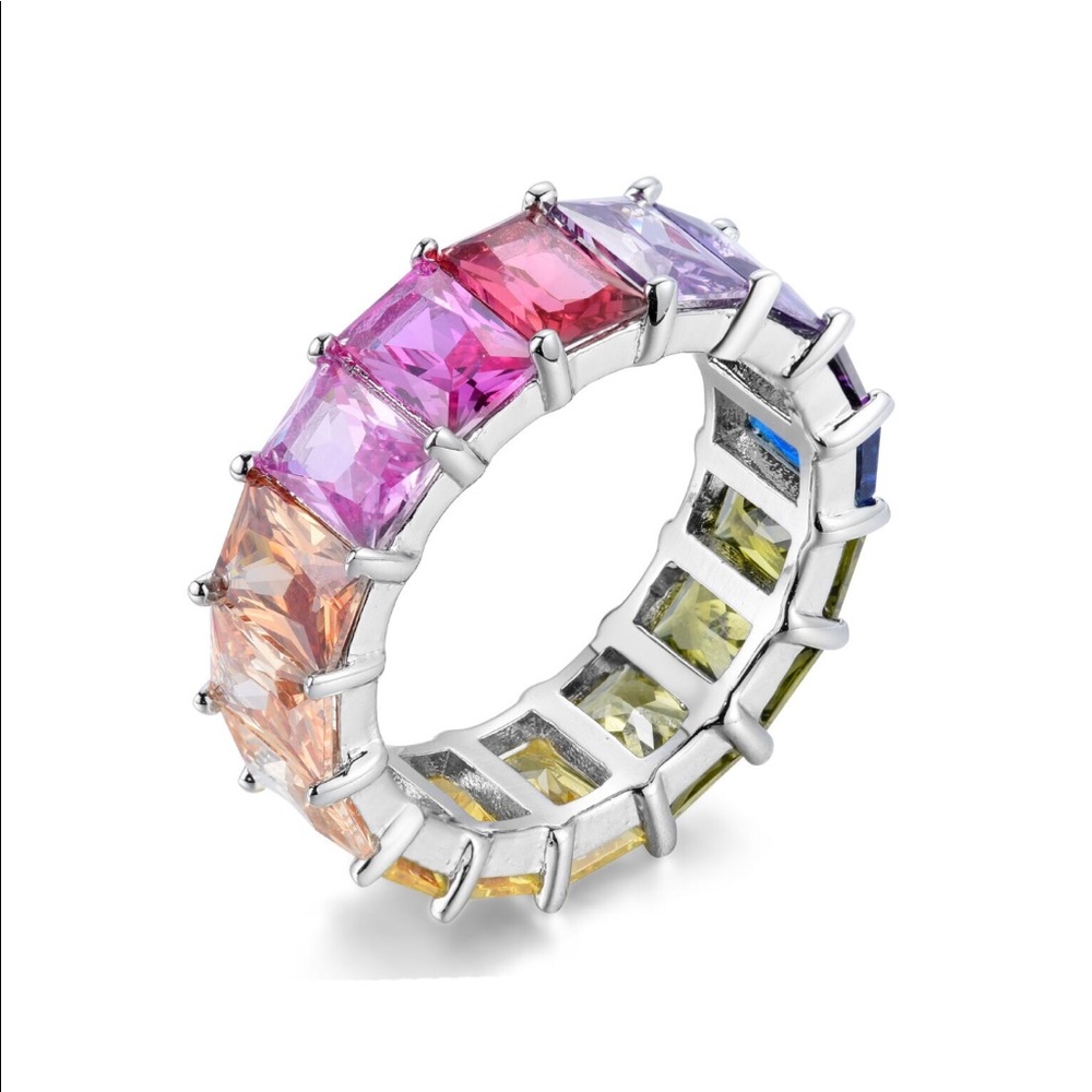 Sterling silver Emerald cut Rainbow Eternity band